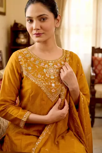 Women's gold vichitra silk embroidered round neck kurta set with dupatta