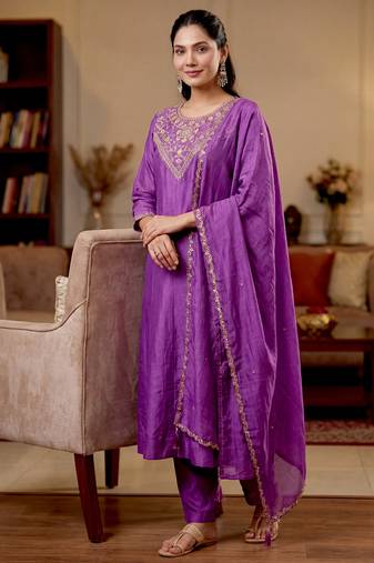 Women's purple vichitra silk embroidered round neck kurta set with dupatta