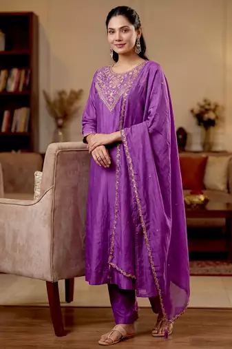 Women's purple vichitra silk embroidered round neck kurta set with dupatta