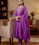 Women's purple vichitra silk embroidered round neck kurta set with dupatta