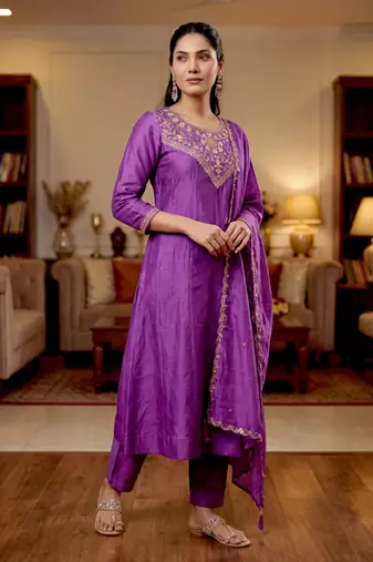 purple vichitra silk blend embroidered kurta set with dupatta