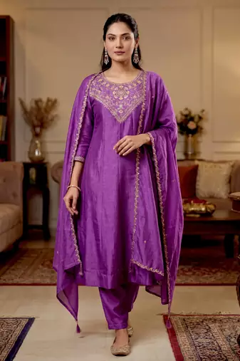 purple vichitra silk blend embroidered kurta set with dupatta