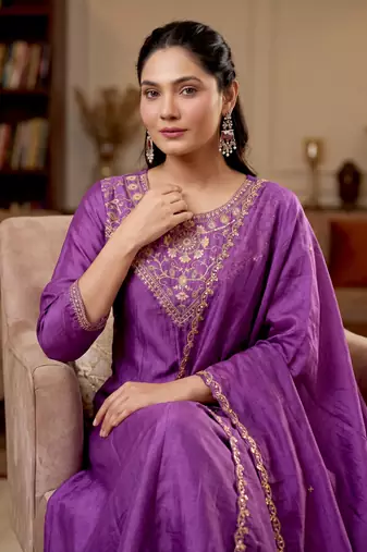 purple vichitra silk blend embroidered kurta set with dupatta