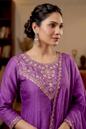 purple vichitra silk blend embroidered kurta set with dupatta