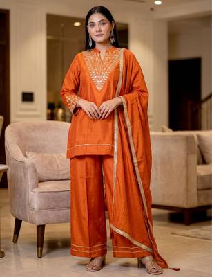 orange vichitra silk blend embroidered kurta set with dupatta 1