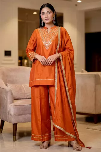 Women's orange vichitra silk embroidered v-neck luxury kurta set with dupatta