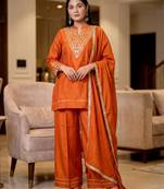 Women's orange vichitra silk embroidered v-neck luxury kurta set with dupatta