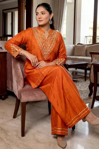orange vichitra silk blend embroidered kurta set with dupatta