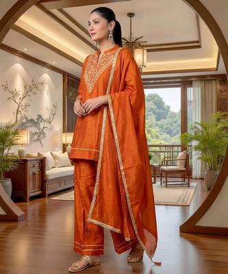 orange vichitra silk blend embroidered kurta set with dupatta 3
