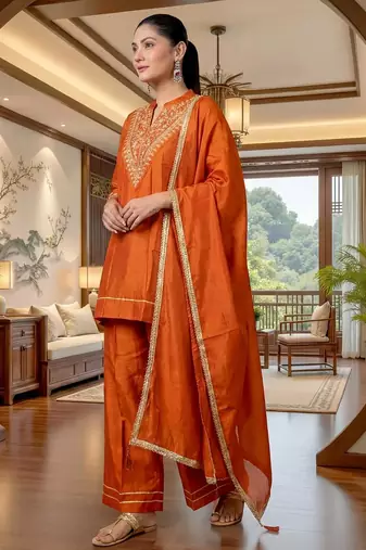 orange vichitra silk blend embroidered kurta set with dupatta
