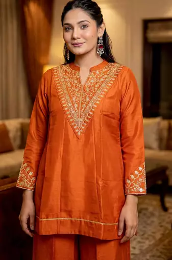 orange vichitra silk blend embroidered kurta set with dupatta