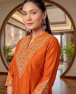 orange vichitra silk blend embroidered kurta set with dupatta 5