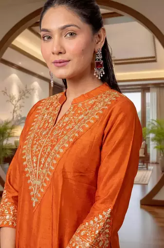 orange vichitra silk blend embroidered kurta set with dupatta