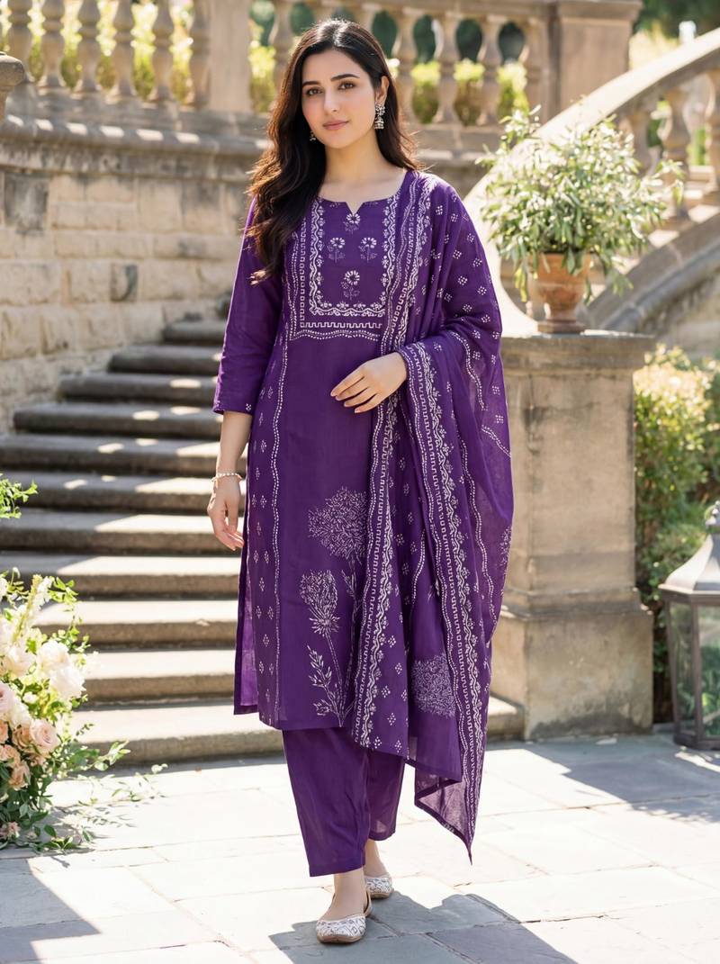 Women's purple muslin printed v-neck luxury kurta set with printed muslin silk dupatta