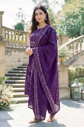 purple muslin printed kurta set with dupatta