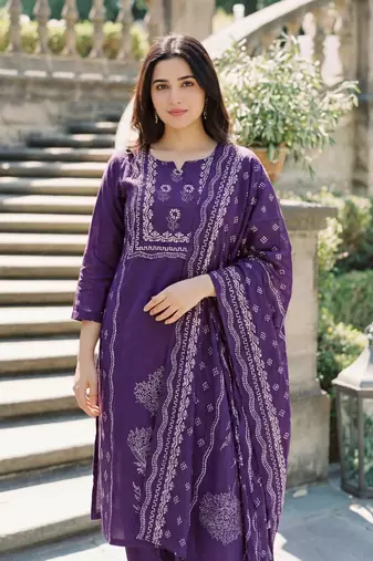 purple muslin printed kurta set with dupatta