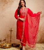 Women embroidered chanderi silk kurta set with organza dupatta