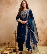 Women embroidered chanderi silk kurta set with organza dupatta