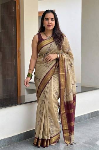 Beige blended cotton embroidered zari work saree with blouse