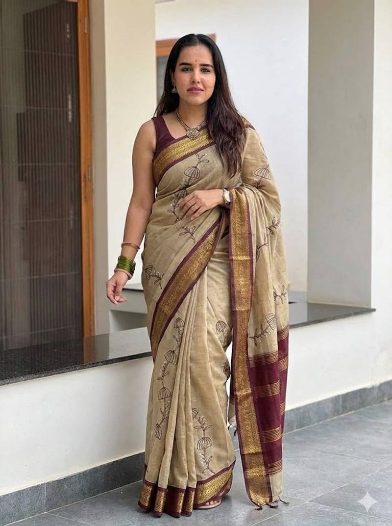 Beige blended cotton embroidered zari work saree with blouse