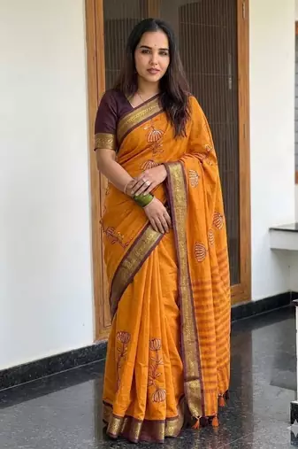 Orange blended cotton embroidered zari work saree with blouse