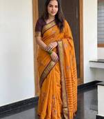 Orange blended cotton embroidered zari work saree with blouse