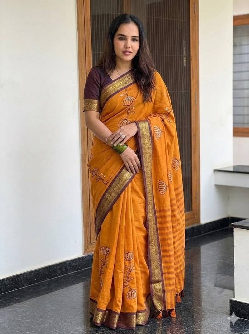 Orange blended cotton embroidered zari work saree with blouse
