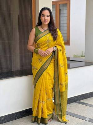 Gold blended cotton embroidered zari work saree with blouse 1