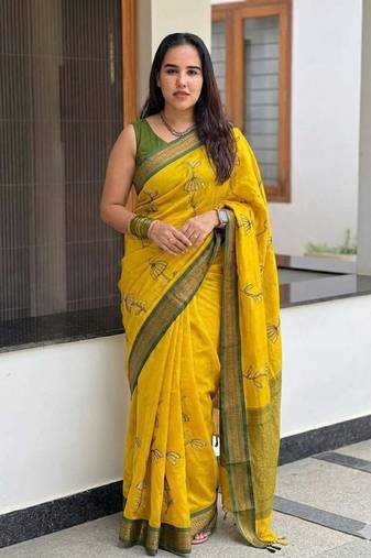 Gold blended cotton embroidered zari work saree with blouse