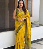 Gold blended cotton embroidered zari work saree with blouse