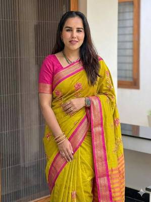 Gold blended cotton embroidered zari work saree with blouse 1