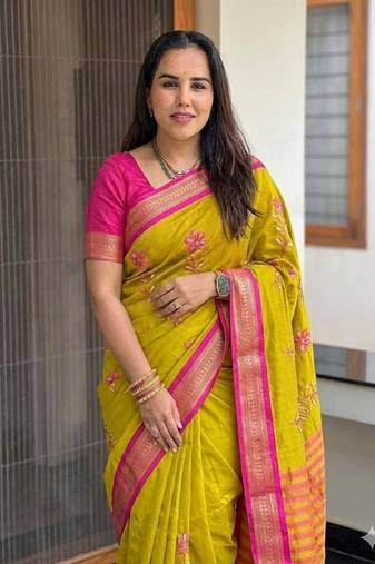 Gold blended cotton embroidered zari work saree with blouse
