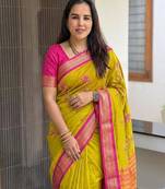 Gold blended cotton embroidered zari work saree with blouse