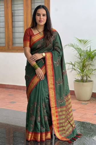 Green blended cotton embroidered zari work saree with blouse