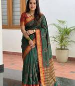 Green blended cotton embroidered zari work saree with blouse