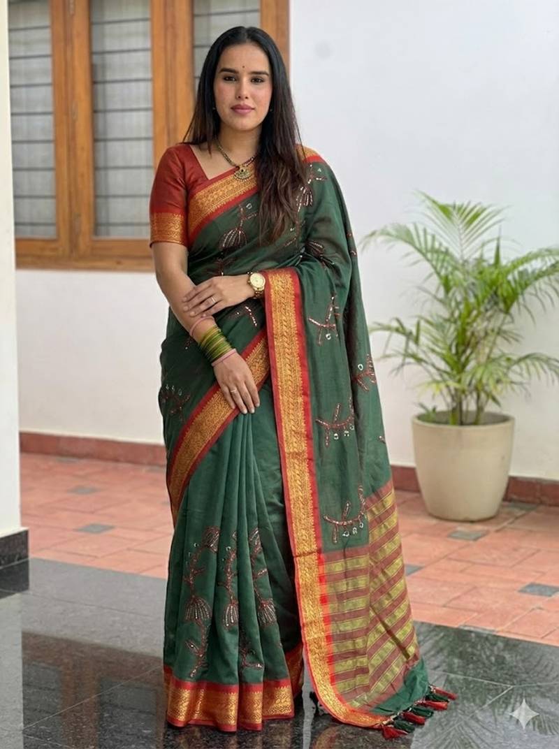 Green blended cotton embroidered zari work saree with blouse