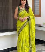 Light green blended cotton embroidered zari work saree with blouse