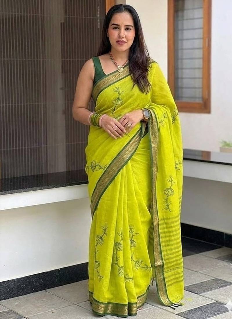 Light green blended cotton embroidered zari work saree with blouse
