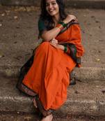 Orange dark green blended cotton woven zari work saree with blouse