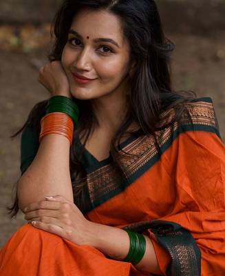 Orange dark green blended cotton woven zari work saree with blouse 2