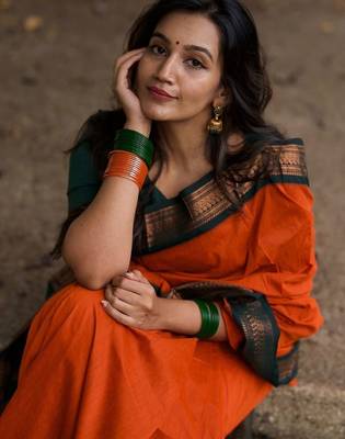 Orange dark green blended cotton woven zari work saree with blouse 3
