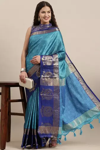 Light blue pure cotton woven zari work saree with blouse