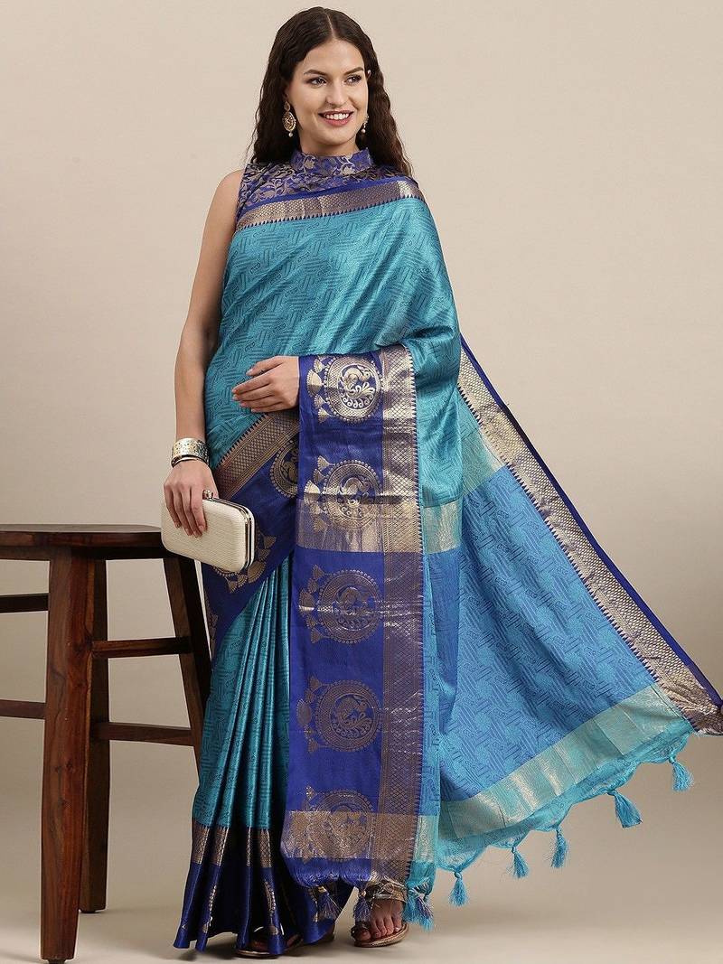 Light blue pure cotton woven zari work saree with blouse