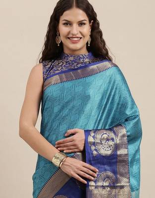 Light blue pure cotton woven zari work saree with blouse 2