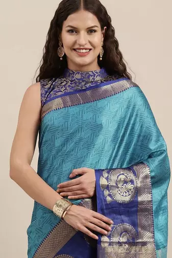Light blue pure cotton woven zari work saree with blouse