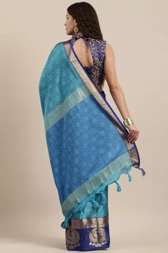 Light blue pure cotton woven zari work saree with blouse