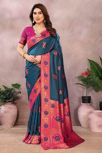 Dark blue pure silk woven zari work saree with blouse