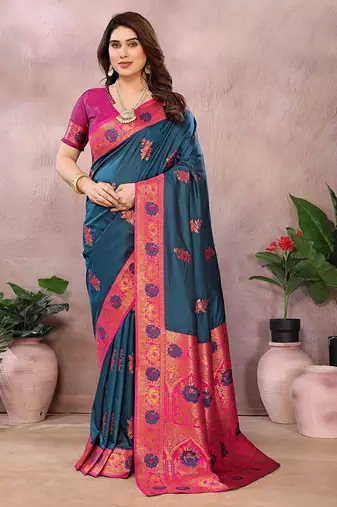 Dark blue pure silk woven zari work saree with blouse