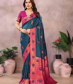 Dark blue pure silk woven zari work saree with blouse