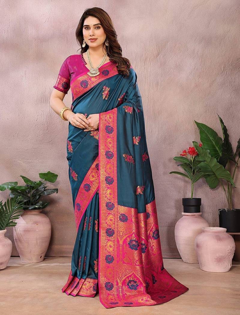 Dark blue pure silk woven zari work saree with blouse
